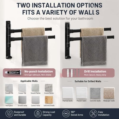 2-5 Arms Swivel Towel Rack Bath Towel Holder with Hook Swing Arm Towel Rack Wall Mount for Bathroom Kitchen-Black 2Arm - color: Black, size: 2-arm