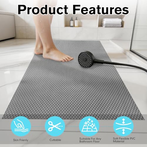 Extra Large Non-Slip Shower Mat, 58.26" x 31.49" Bathroom Shower Mat, Fast-Dry Drainage Hole PVC Bath Tub Mat, Anti Slip Bathroom Safety Accessory for Elderly/Kids, Gray