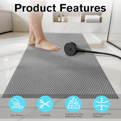 Extra Large Non-Slip Shower Mat, 58.26" x 31.49" Bathroom Shower Mat, Fast-Dry Drainage Hole PVC Bath Tub Mat, Anti Slip Bathroom Safety Accessory for Elderly/Kids, Gray