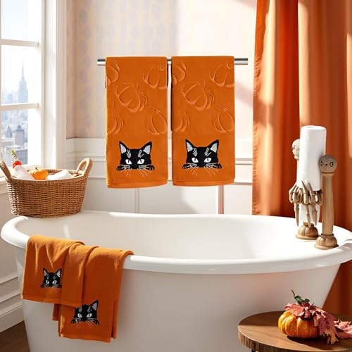 2 Pack Fall Hand Towel Jacquard Embroidered Cotton Kitchen Towels Farmhours Thankful Bath Towels Set Thanksgiving Bathroom Decor (Yellow Cat, 2*Hand Towel) - color: Yellow Cat