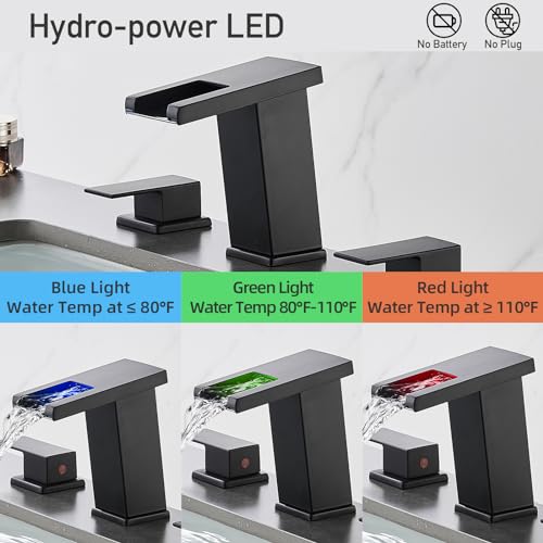 LED Bathroom Faucet 3 Hole, Matte Black Waterfall Bathroom Faucets, 8 Inch Widespread Modern Bathroom Sink Faucet & Parts, Wide Spread Touch On Three Hole 2 Handle Bathroom Vanity Faucet - color: Matte Black