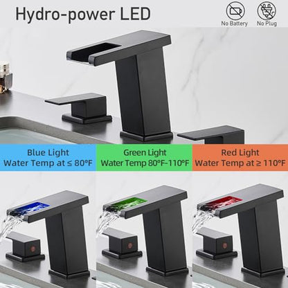 LED Bathroom Faucet 3 Hole, Matte Black Waterfall Bathroom Faucets, 8 Inch Widespread Modern Bathroom Sink Faucet & Parts, Wide Spread Touch On Three Hole 2 Handle Bathroom Vanity Faucet - color: Matte Black
