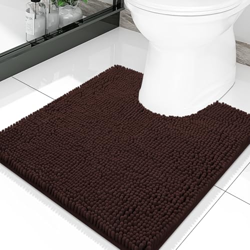 Smiry Luxury Chenille Toilet Rugs U-Shaped 20x20, Soft Absorbent Non-Slip Contour Bathroom Rugs for Toilet, Machine Washable Contoured Bath Mats, Brown - color: Brown, size: 20" X 20" Contour Rug