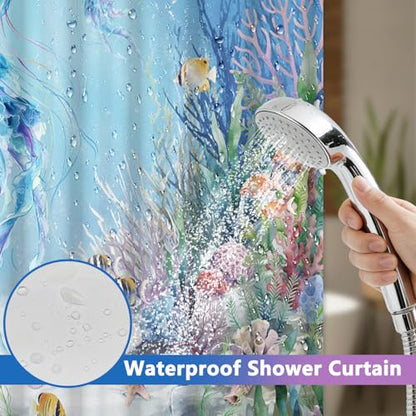 Ocean No Hook Shower Curtain with Snap in Liner Set, Colorful Jellyfish Shower Curtain with Mesh Top Window and Weighted Hem, Hotel Style Double-layer Waterproof Fabric Shower Curtain for Bathroom - color: Jellyfish