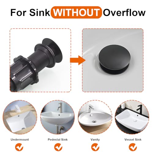 Bathroom Sink Drain Without Overflow, Matte Black Bathroom Sink Stopper for Vanity Vessel Sink, Rapid Draining Stainless Steel Pop Up Drain with Hair Catcher Anti-Clog Strainer - color: Matte Black
