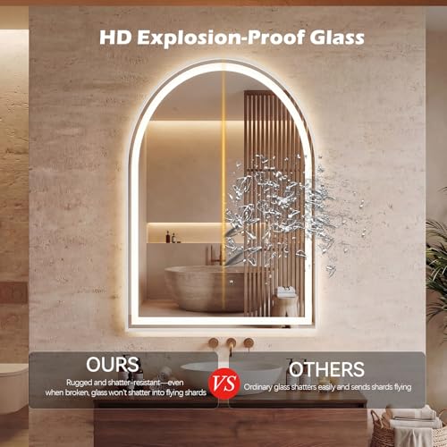 Sweetcrispy 24x 36 Inch Arched LED Bathroom Backlit Mirror with Lights | Vanity Wall Mirrors with Anti-Fog, Dimmable, 3-Color Light, Memory Function, Tempered Glass