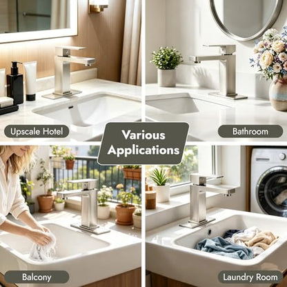 Heyalan Bathroom Sink Faucet, Single Handle Vanity Faucet, Brushed Nickel | SUS304 stainless steel, hot and cold supply hoses, 1- or 3-hole installation, 6-inch deck plate and pop-up drain - color: Brushed Nickel