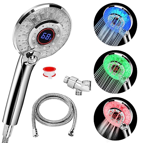 LED Shower Head Color Changing, Shower Head High Pressure with Hose | Water Saving Spray Showerheads, Discoloration Warning, Water Temperature Display, 3 Spray Modes, Easy to Install, ‎Chrome