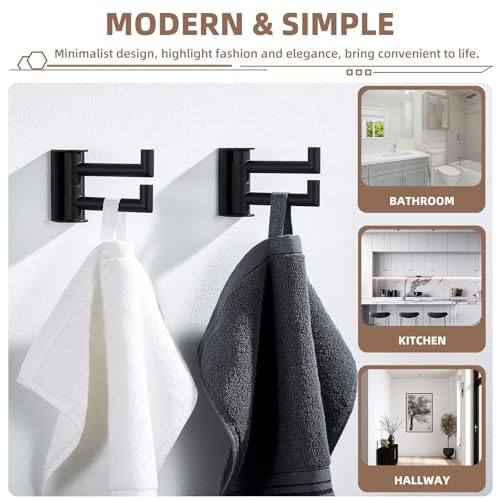 Suyar Double Towel Hook Matte Black, Bathroom Wall Hook, Swivel Robe Holder | SUS304 Stainless Steel Coat Towel Holder with 2 Foldable Arms, Swivel Towel Rack Space Saving Wall Mounted, 2 Pack - color: Matte Black, size: 2 Pack