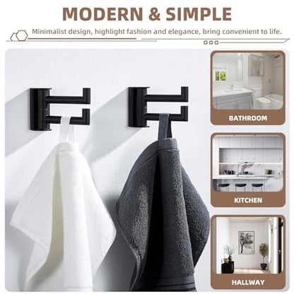 Suyar Double Towel Hook Matte Black, Bathroom Wall Hook, Swivel Robe Holder | SUS304 Stainless Steel Coat Towel Holder with 2 Foldable Arms, Swivel Towel Rack Space Saving Wall Mounted, 2 Pack - color: Matte Black, size: 2 Pack