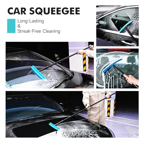FOSHIO TPU Squeegee 10-Inch Blade with 4 Extension Poles (Extends up to 63 Inches), Anti-Slip Grip Handle Rubber Squeegee Streak-Free Cleaning for Car Windows, Shower Doors, Mirrors, Glass
