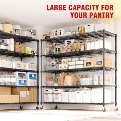 Garvee 3300LBS 5 Tier Metal Shelving with Wheels,82"H Storage Shelves,Black | 59"Wx23.6"D, Heavy-Duty 660 lbs Per Shelf, Adjustable Wire Shelving Units, Leveling Feet,for Garage Kitchen Warehouse - size: 23.6"D x 59"W x 82.6"H(5-Tier)