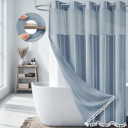 Blue Ringless Boho Striped Tassel Shower Curtain with Snap Liner 72x75 | Heavy Duty Linen Blend, 3 in 1 Shower Curtain Set, Farmhouse Style, Waterproof & Washable, Mesh Top Window, Easy to Install - color: Blue, size: 72"W x 75"L (Pack of 1)