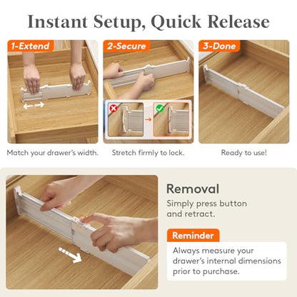 Lifewit 4 Pack 3.2" High Drawer Dividers, Expandable Dresser Organizers | 10.5"-16.5" Expandable White Plastic Drawer Separator for Dresser, Kitchen, Closet, Nursery, Office Organization & Storage
