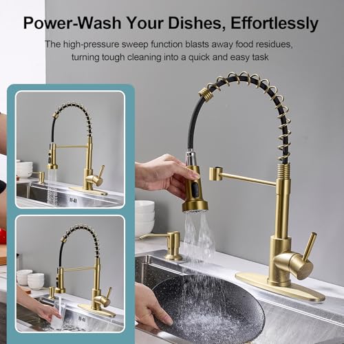 Gold Kitchen Faucets with Pull Down Sprayer and Soap Dispenser, Stainless Steel Single Pull Out Spring Sink Faucet, 3 Function Sprayer 1 or 3 Hole Deck Plate for Farmhouse Rv Bar - color: Gold, style: Classic(with Soap Dispenser)