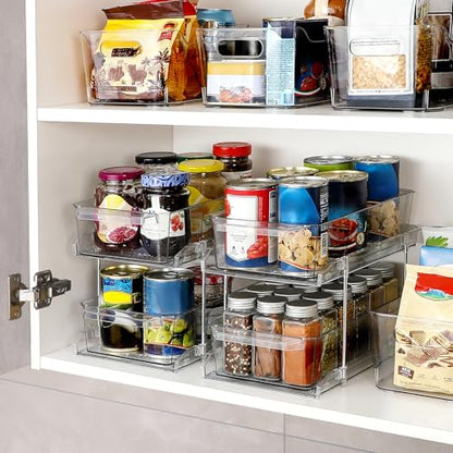 2 Set, 2 Tier Clear Organizer with Dividers for Cabinet, Shlef, Counter - MultiUse Slide-Out Storage Container - Kitchen, Pantry, Medicine Cupboard Bins, Bathroom, Vanity Makeup, Under Sink Organizing - size: 8" W - 2 Set