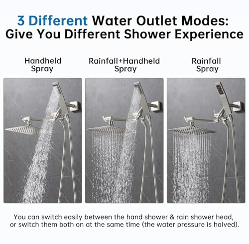 G-Promise All Metal 10" Dual Square Shower Head Combo | Rain Shower Head | Handheld Shower Wand | Adjustable | 3-Way Diverter | 71" Extra Long Hose - A Bathroom Upgrade(Brushed Nickel) | Built to Last, Easy Install, Adjustable Height & Angle for All Heigh