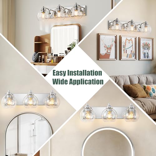 3 Light Bathroom Light Fixtures-Chrome Bathroom Vanity Lights, Modern Vanity Lights 3-Light Bathroom Lighting Fixtures Over Mirror with Clear Glass Globe Shade - color: Polished Chrome, size: 3-Light