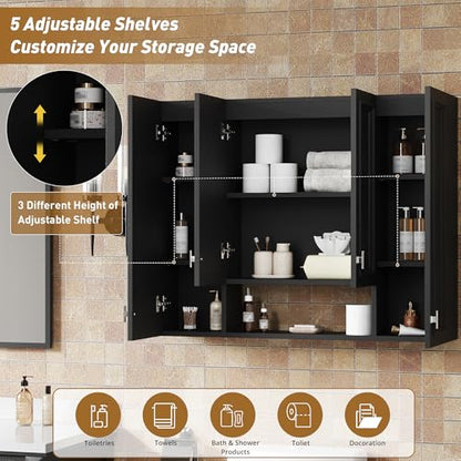 Marzzi 36" x 28" Bathroom Medicine Cabinet with Open Shelf | Wall Mounted Bathroom Storage Cabinet with Adjustable Shelves, Over The Toilet Wall Cabinet, Painted Finish - color: Black