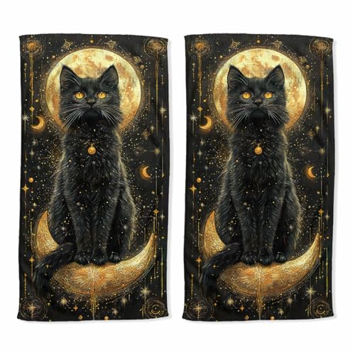 Cat Bath Hand Towel Set of 2 Dark Gold Moon Star Constellation Cosmic Absorbent Hand Towels Decorative Kitchen Dish Towel Guest Bathroom Towels 14x28 inch - color: Cat