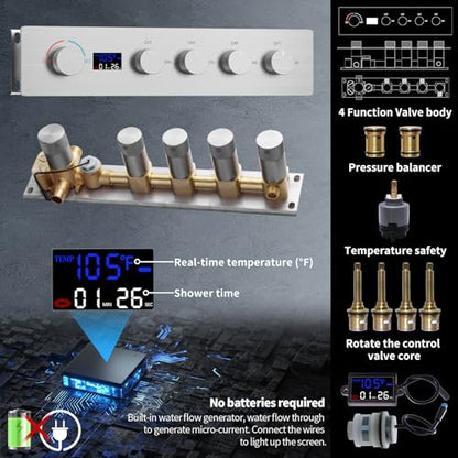 Shower Faucet Set Ceiling 20x14 inch LED Shower Head, Temperature Display Thermostatic Shower Valve, and Two 8-inch Wall Mounted Shower Heads Handheld Combination (Brushed Nickel) - color: Brushed Nickel