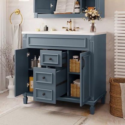 Merax 36" Bathroom Vanity with Sink, 2 Doors & 2 Drawers Storage Cabinet | Freestanding Single Bathroom Sink Vanity Cabinet Set with 36" Ceramic Sink (Sink Cabinet Only, Slate Blue) - color: Blue, style: Sink Cabinet Only