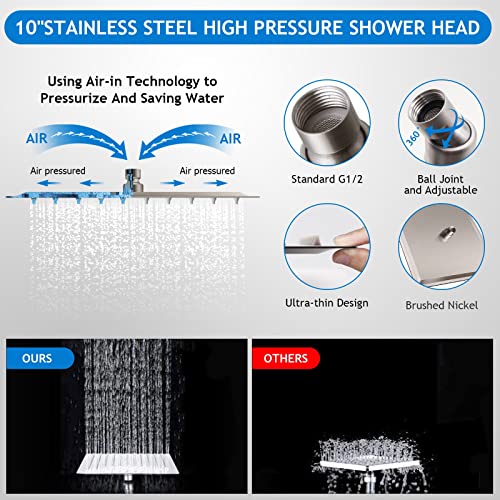 Shower Head Combo,10" Brushed Nickel High Pressure with 11" Extension Arm | Rain Shower Head with 5 Settings Handheld Shower Head Combo,Powerful Shower Spray Against Low Pressure Water - color: Nickel, size: 10" Showerhead Set