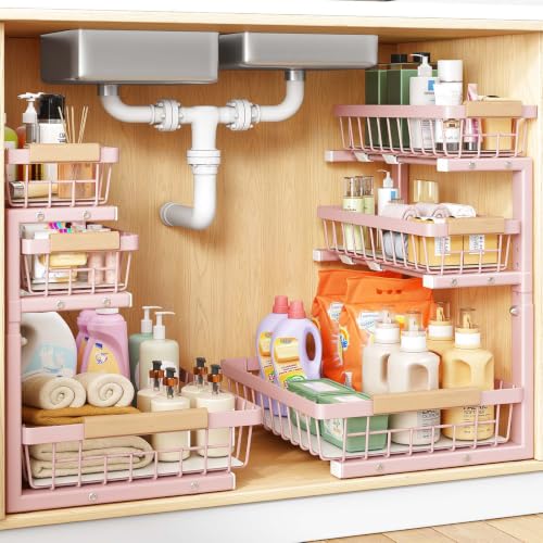 PXRACK Under Sink Organizer, 2-Pack 3-Tier Height Adjustable Thickened Metal Pull out Cabinet Organizer Shelf, Slide out Storage Drawer Rack for Bathroom Kitchen Pantry Home Organization, Pink - color: Pink, size: 2-Pack