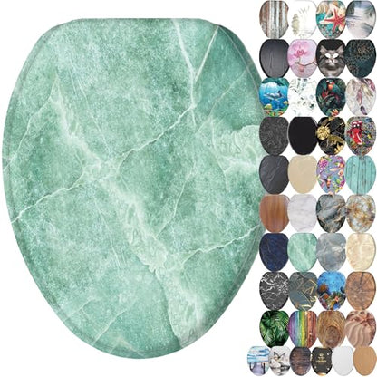 SANILO Wooden Toilet Seat with Soft Close [ELONGATED] - Decorative, Quiet & Slow Close Molded Wood Seat - With Strong Bumpers & Hinges - Adjustable Fit - Marble Green - color: Marble Green