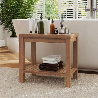 Giantex Teak Shower Bench with Shelf, 19 Inch Shower Stool with Slatted Seat for Elderly Seniors, Waterproof Bathroom Spa Bathing Seat Foot Rest Entryway Bench for Indoor and Outdoor Use - size: 19" x 12.5" x 18"