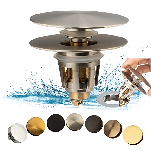 Universal Bathroom Sink Drain Stopper, Fits Most Pop-Up Drains for Vessel Sink Lavatory Vanity, Sink Drain Strainer with Detachable Hair Catcher, Tested by Plumber in US (Brushed Nickel) - color: Brushed Nickel