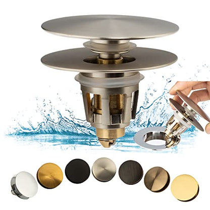 Universal Bathroom Sink Drain Stopper, Fits Most Pop-Up Drains for Vessel Sink Lavatory Vanity, Sink Drain Strainer with Detachable Hair Catcher, Tested by Plumber in US (Brushed Nickel) - color: Brushed Nickel