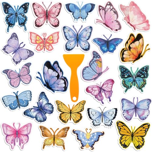 Yaomiao 24 Pcs Butterfly Non Slip Bathtub Stickers with Scraper | Shiny, Sparkle, Glitter, Peva, 4.53inch, Easy Apply, No Residue, for Bathroom, Shower Stairs Floor, Safety, Cute, Grip - style: Butterfly