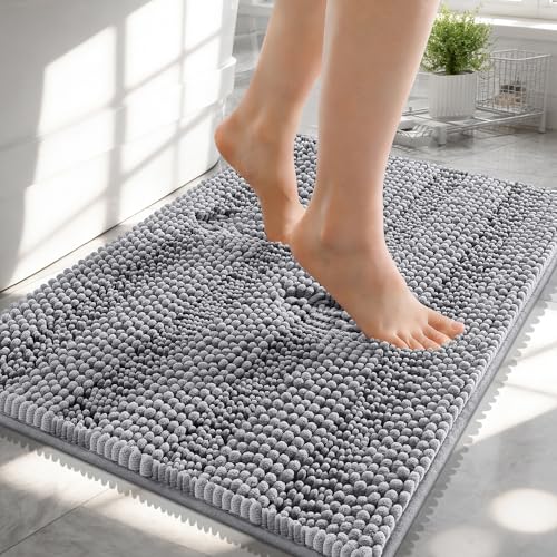 OLANLY Thick Small Bathroom Rugs 24x16, Soft Chenille Bath Rugs, Grey | Rubber Backing, Machine Wash, Extra Absorbent Striped Bath Mats for Bathroom Floor, Tub and Shower, Home Decor Accessories - color: Grey, size: 24" X 16"