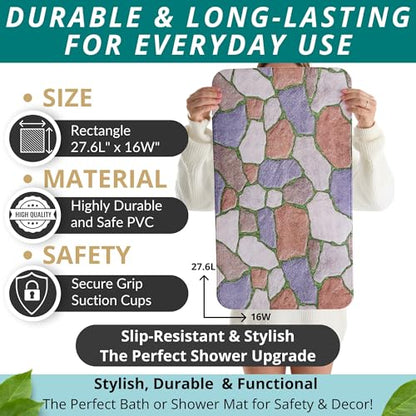ENKOSI Non Slip Shower Mat – Bath Mat for Tub and Shower Floors – Anti Slip Bathtub Mat with Strong Suction Cup Grip – Unique Design Soft Bathroom Mat for Inside Baths and Showers (28x16 Stone Path) - color: Stone Path