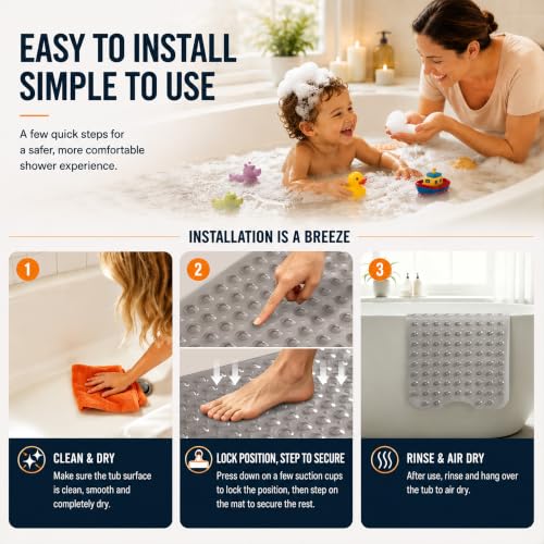 Yimobra Non Slip Bathtub Mat 40 x 16 Inch, Extra Long Shower Mat with Drain Holes, Machine Washable Baby Bath Mats, Strong Suction Cups for Bathroom Floor, Clear Grey - color: Clear Grey