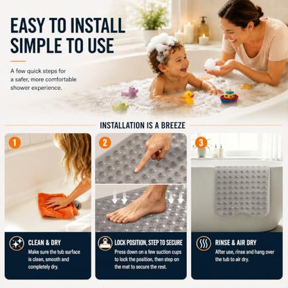 Yimobra Non Slip Bathtub Mat 40 x 16 Inch, Extra Long Shower Mat with Drain Holes, Machine Washable Baby Bath Mats, Strong Suction Cups for Bathroom Floor, Clear Grey - color: Clear Grey