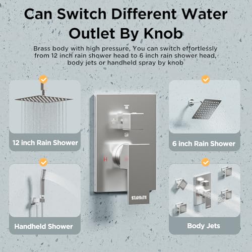 Shower Systems with 4 Body Spray Jets, STARBATH 4 Way 12+6" Rainfall Shower Head with Handheld Combo, Ceiling Mounted Shower Jets System in Wall Shower Faucet Sets Complete, Brushed Nickel - color: Brushed Nickel, size: 6"+12"-01