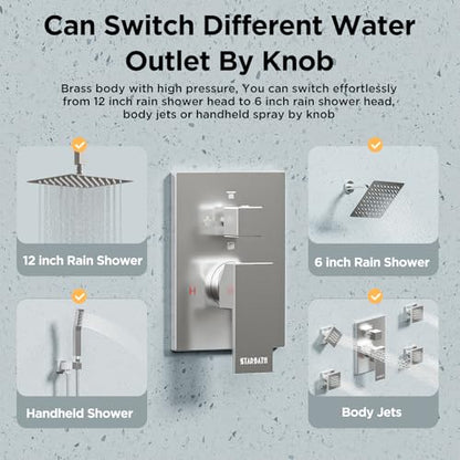 Shower Systems with 4 Body Spray Jets, STARBATH 4 Way 12+6" Rainfall Shower Head with Handheld Combo, Ceiling Mounted Shower Jets System in Wall Shower Faucet Sets Complete, Brushed Nickel - color: Brushed Nickel, size: 6"+12"-01