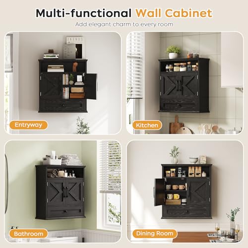 Bathroom Wall Cabinet, Wall Mounted Medicine Cabinet 24.4"H x 23.6"W x 9"D | With Drawer, Barn Doors & Adjustable Shelf, Black Over Toilet Farmhouse Storage Cabinet for Kitchen, Laundry Room, Entryway - color: Black