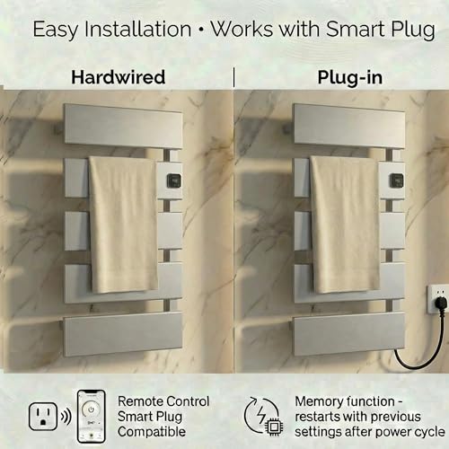 Electric Towel Warmer, Heated Towel Rack with Thermo Control and Timer, Fast Heating Towel Rail for Bathroom with Memroy Function, Work with Smart Plug, Right-Wiring, 5 Panel, Silver | Thermo Control and Timer, Fast Heat in 3 Mins, Dry Towels in 4 hrs, Me