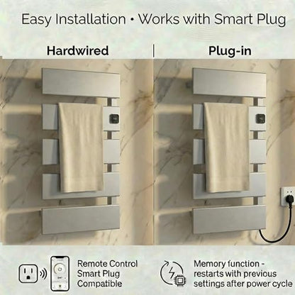 Electric Towel Warmer, Heated Towel Rack with Thermo Control and Timer, Fast Heating Towel Rail for Bathroom with Memroy Function, Work with Smart Plug, Right-Wiring, 5 Panel, Silver | Thermo Control and Timer, Fast Heat in 3 Mins, Dry Towels in 4 hrs, Me