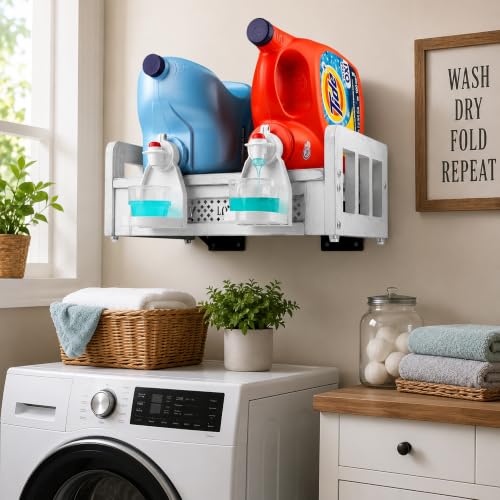 Wooden Wall Mount Laundry Detergent Holder, Rustic White | Farmhouse Wooden Organizer, Holds 2 Detergent or Softener Bottles, Laundry Room Storage - color: Rustic White
