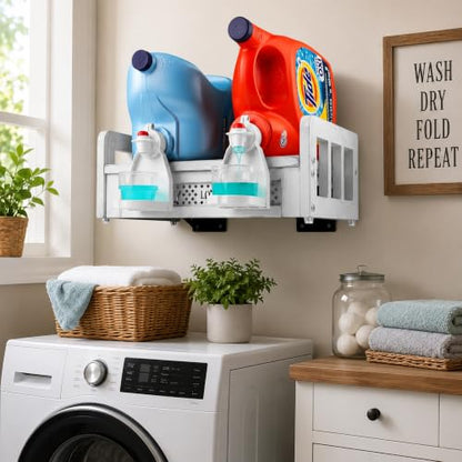 Wooden Wall Mount Laundry Detergent Holder, Rustic White | Farmhouse Wooden Organizer, Holds 2 Detergent or Softener Bottles, Laundry Room Storage - color: Rustic White
