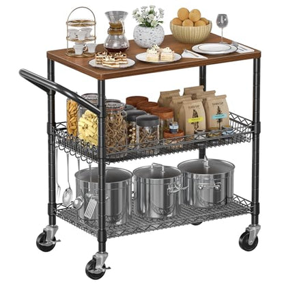 NTE Rolling Kitchen Carts on Wheels, 650Lbs Capacity 3 Tier Utility Cart with Wood Tabletop, Kitchen Storage Cart with 8 Hooks, Metal Serving Cart with Handle and Shelf Liners for Kitchen, Black - color: Wood-black