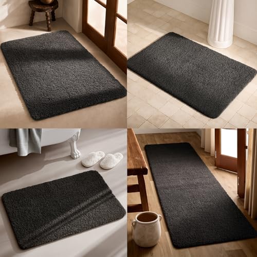 TYUU Black Bathroom Runner Rugs, Ultra Soft Long Bath Mat Machine Washable Super Absorbent Quick Dry Bathroom Runner Rug 16 x 60 Non Slip, Black 16" x 60" - color: Black, size: 16" x 60"