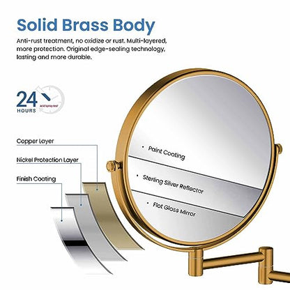 Circular Wall Mount Makeup Mirror, Dual-Sided 1x/5x Magnifying Mirror with Extendable Arm, 360° Swivel, Solid Brass Construction for Durability and Style (Chrome, KMM100) - color: Chrome