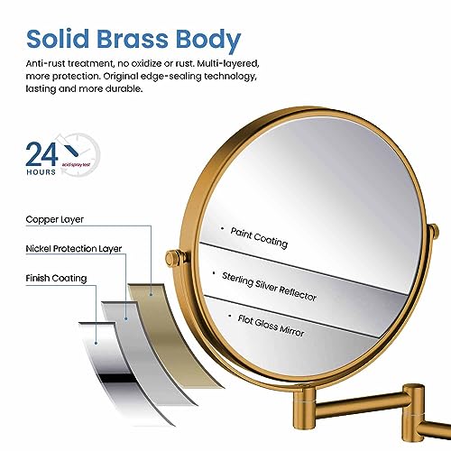 Circular Wall Mount Makeup Mirror, Dual-Sided 1x/5x Magnifying Mirror with Extendable Arm, 360° Swivel, Solid Brass Construction for Durability and Style (Chrome, KMM100) - color: Chrome