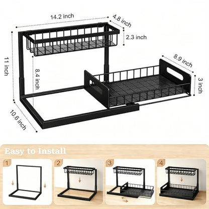 Upgraded Under Sink Organizer, 2 Tier Pull Out Kitchen Cabinet Organizer Metal Slide Out Bathroom Organizers and Storage Makeup Drawer Organizer for Office Bedroom Restroom Livingroom, 1 Pack