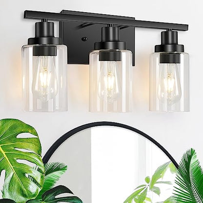 3-Light Vanity Light, Matte Black Bathroom Lighting Fixtures Over Mirror, Modern Metal Wall Lights for Hallway Kitchen Bedroom Living Room | Wall Sconce Light Fixture with Clear Glass Shade Matte Black Modern Metal Wall Lights for Hallway Kitchen Bedroom